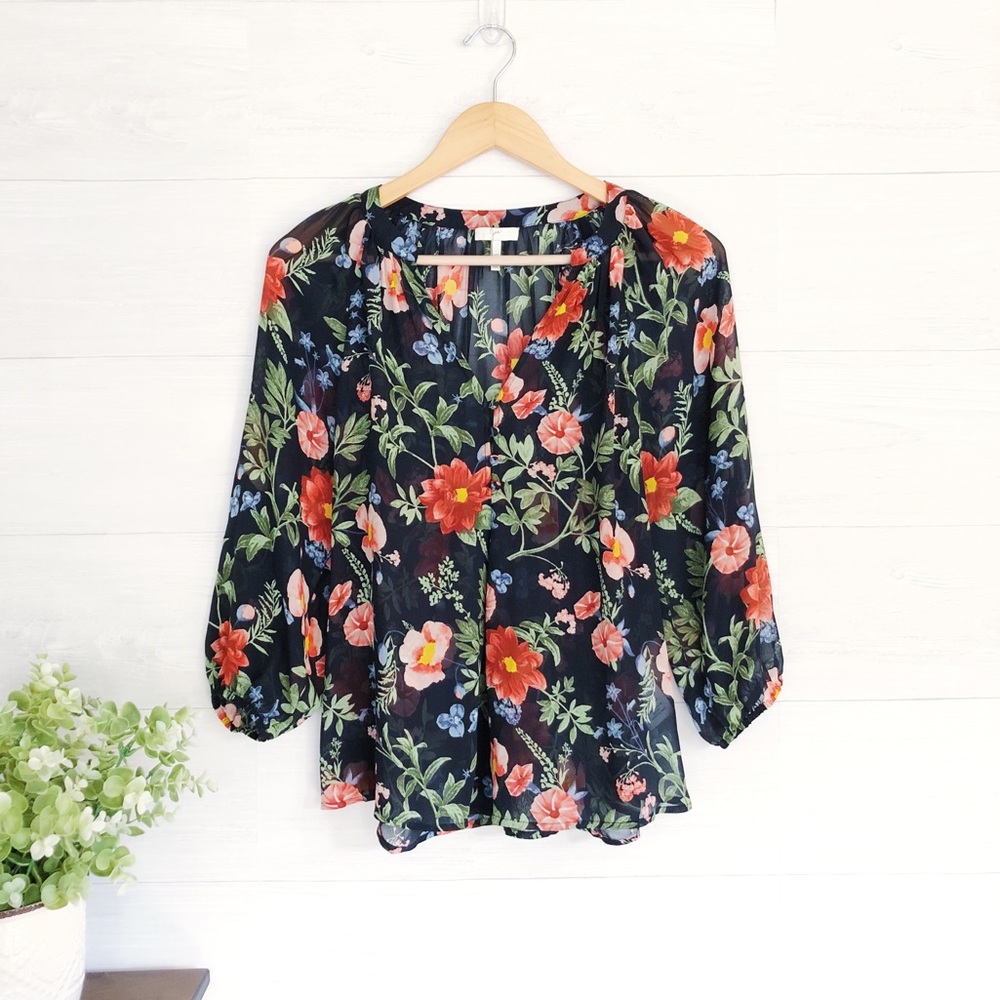 Joie Blue Floral Sheer 1/2 Sleeve Blouse 511